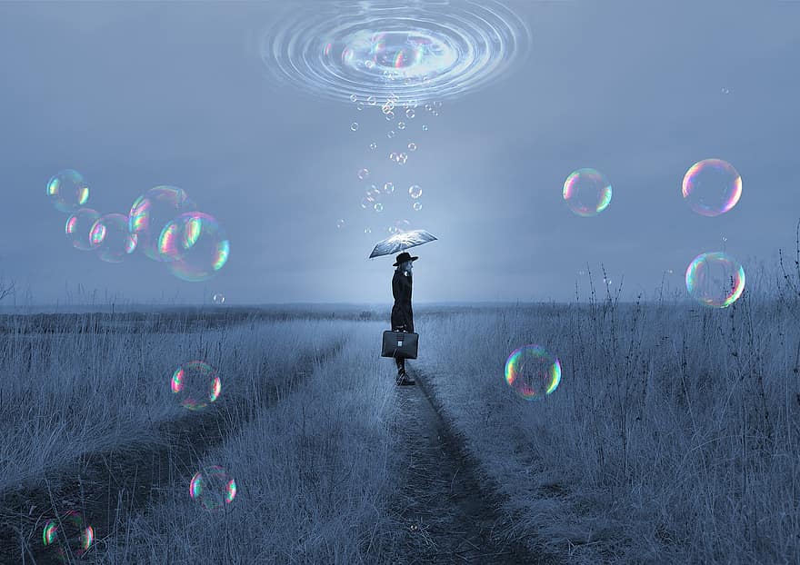 magické krajiny, žena s deštníkem, fantazie, pole, mýdlové bubliny, deštník, nadreálný, fotomontáž, světlo, krajina, louka