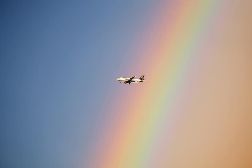 Rainbow, Airplane, Sky, Airbus, Lufthansa, Aviation, flying, air vehicle, propeller, transportation, commercial airplane