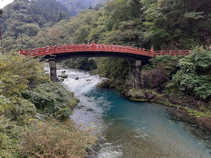 köprü, Japonya, peyzaj, bulutlar, dağ, orman, nehir, Su, nikko, tochigi, turizm