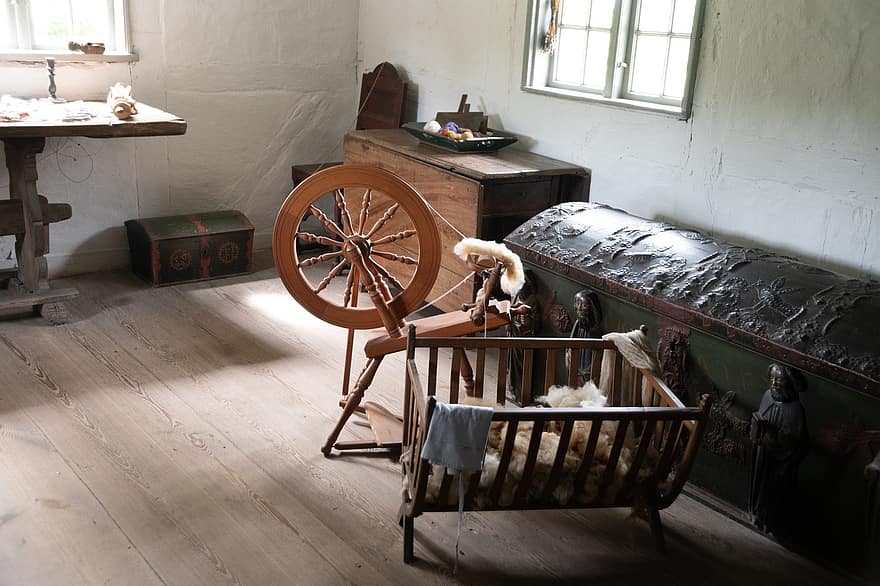 Old Days, Nursery, Ancient Times, Spindle, Spinning Wheel, Crib