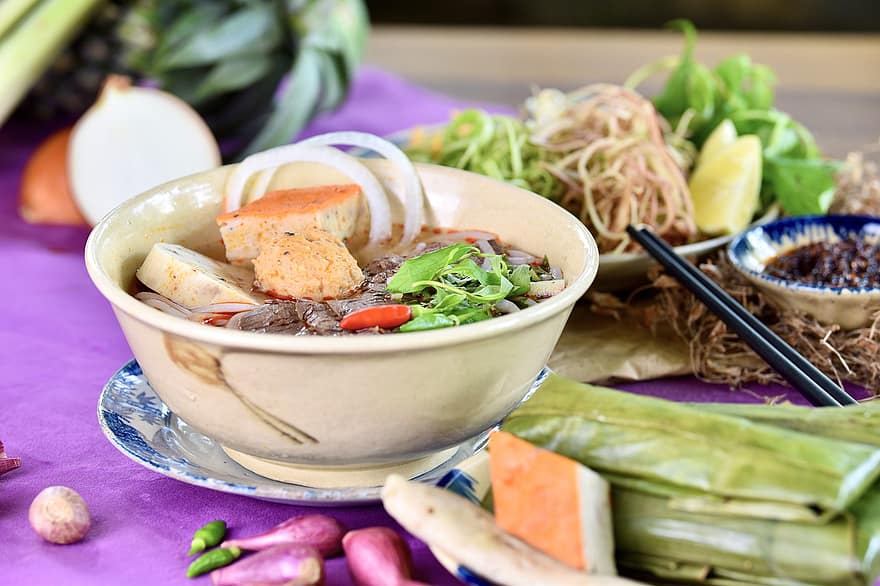 vietnamesisk mad, oksekød nudler, køkken, fad, mad