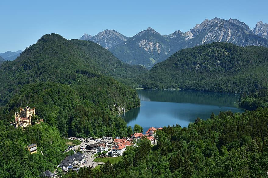 hohenschwangau, allgäu, les montagnes, Lac, alpsee, été, paysage, Alpes, Château, Allemagne, Montagne