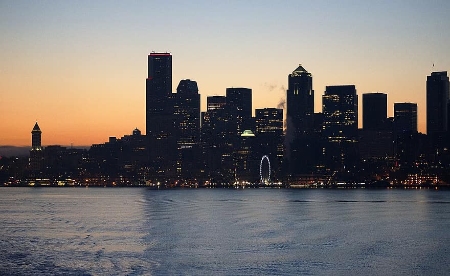 zonsopkomst, waterkant, horizon, stad, stedelijk, stadsgezicht, downtown, Seattle, Washington, vreedzaam noordwesten, ochtend-