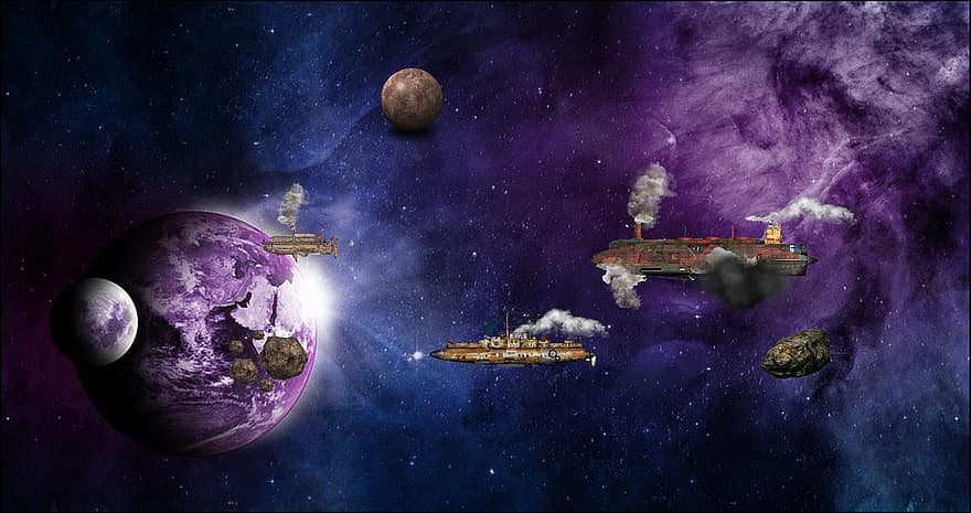 dirigível, steampunk, espaço sideral, planetas, lua, nave espacial, espaço, galáxia, planeta, astronomia, Estrela