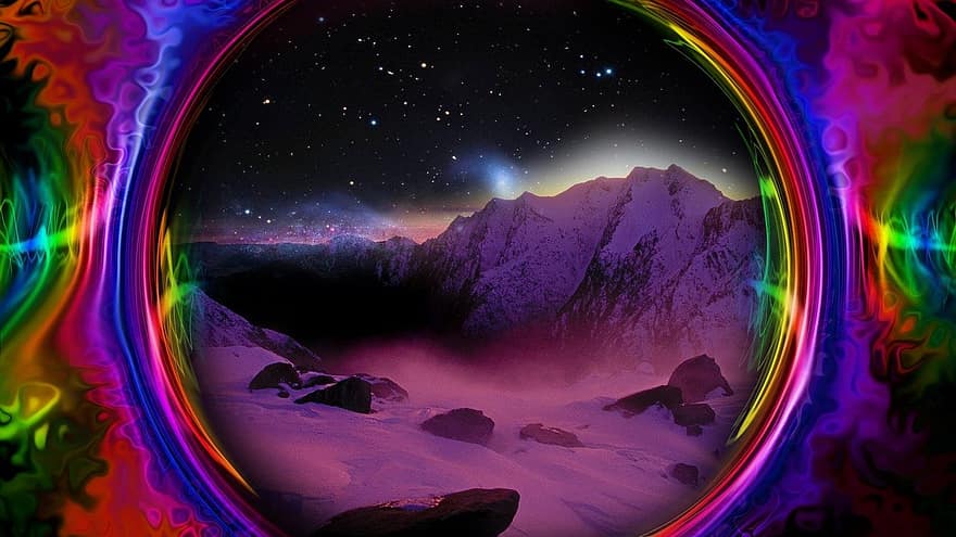 Colorful, Space, Trippy, Psychedelic, Mountain, Snow