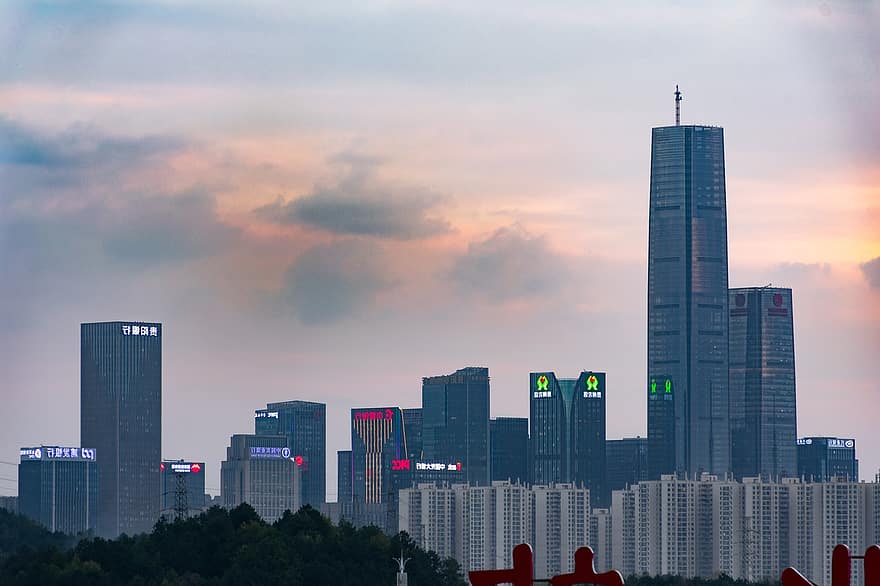 град, сграда, изглед към града, силует, Гуейджоу, Guiyang, небе, залез, 401 сграда, Финансово Сохо, Bank of Guiyang