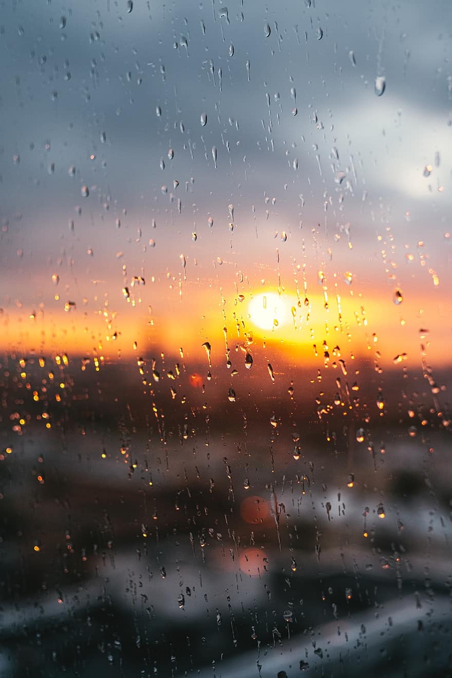 खिड़की, सूर्य का अस्त होना, वर्षा, कांच