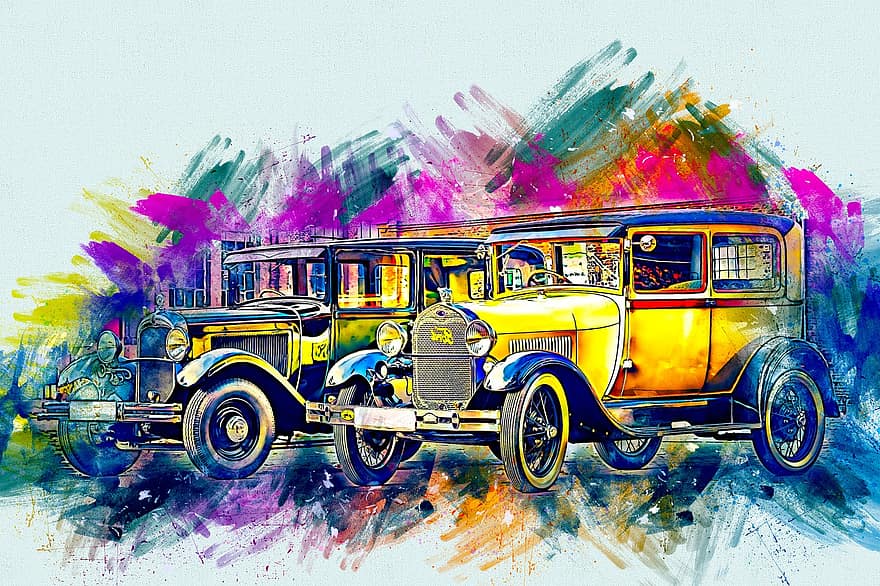 vieille voiture, Peintures numériques, La peinture, aquarelle, coloré, conception, ancien, transport