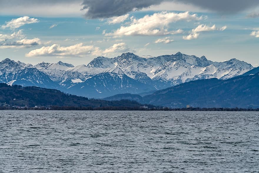 Lake, Mountains, Clouds, Water, Mountain Range, Snow, Snow Capped, Trees, Town, Nature, Alpine