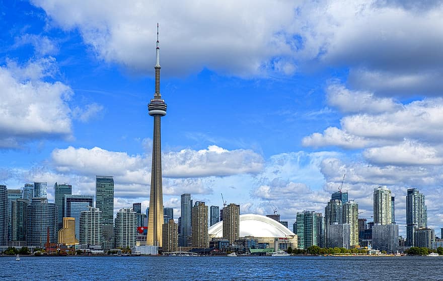 CN 타워, 토론토, 캐나다, 시티, 건물들, 건축물, 레이크 온타리오, 고층 빌딩, 전망대, 마천루, 도시 풍경