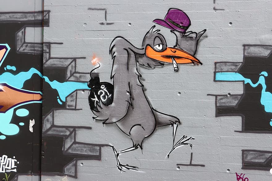 графити, изкуство, стенопис, улично изкуство, птица, шапка с козирка, бомба, подъл, трик, спрей, стена