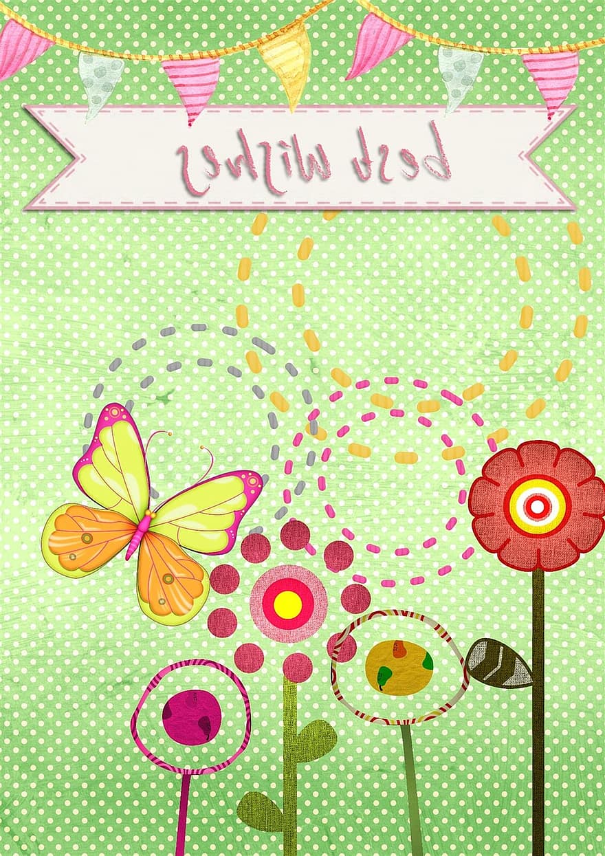 het beste, wensen, kaart, groet, groen, abstract, modern, bloem, vlinder, meisje, viering