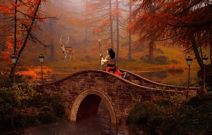 fantasi, ung kvinne, skog, elv, høst, bro, hjort, magi