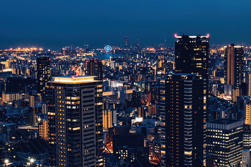 by, bygninger, Osaka, umeda, natt, skyline, bybildet, skyskrapere, gatelys, urbane landskap, tårn