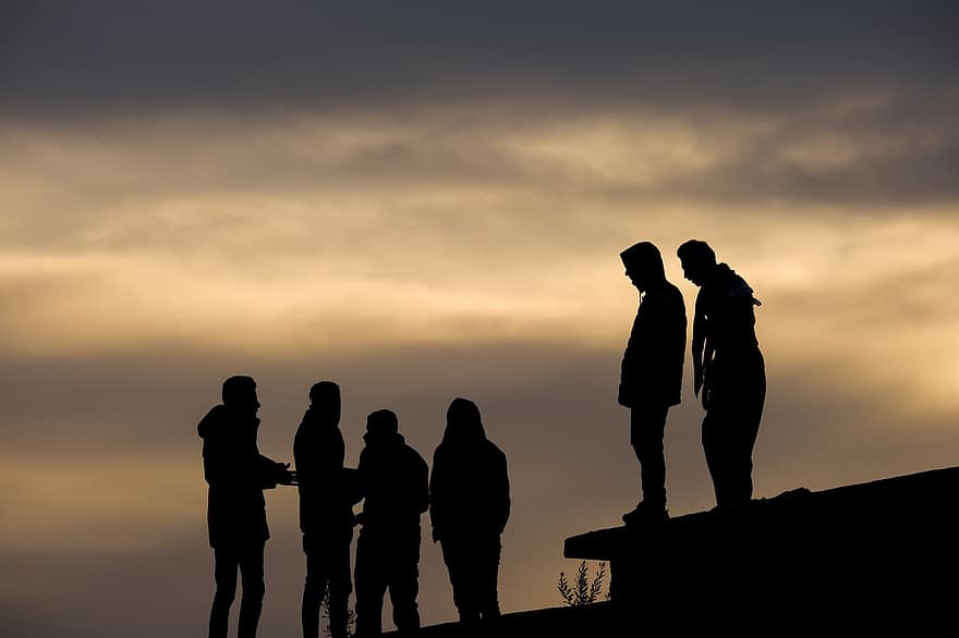 Group, Friends, Dusk, Outdoors, Kurdish, silhouette, sunset, men, back lit, women, group of people