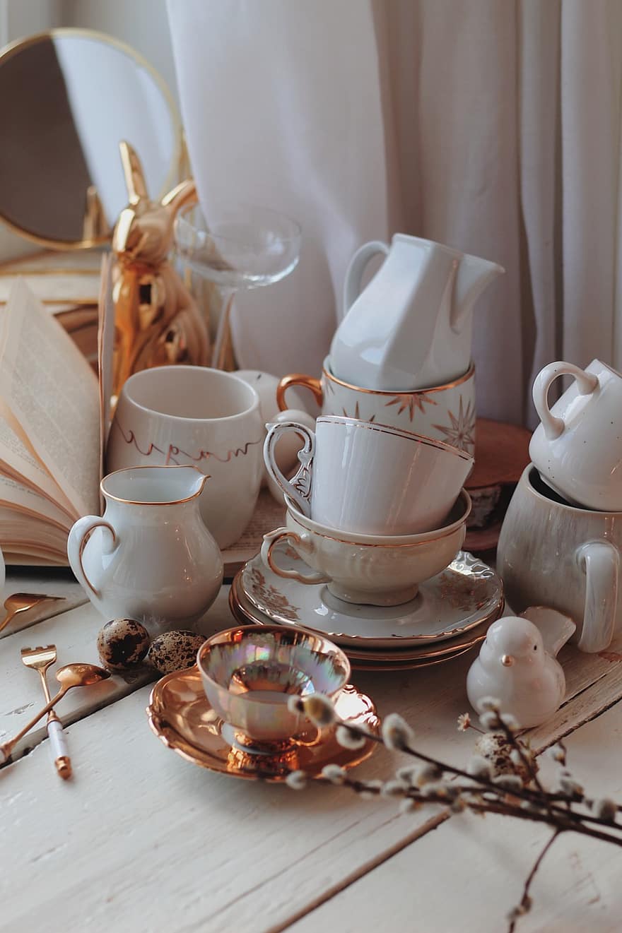 tasses de cafè, estris de cuina, tasses de te, taula, fusta, cafè, beure, vaixella, decoració, a l'interior, habitació domèstica