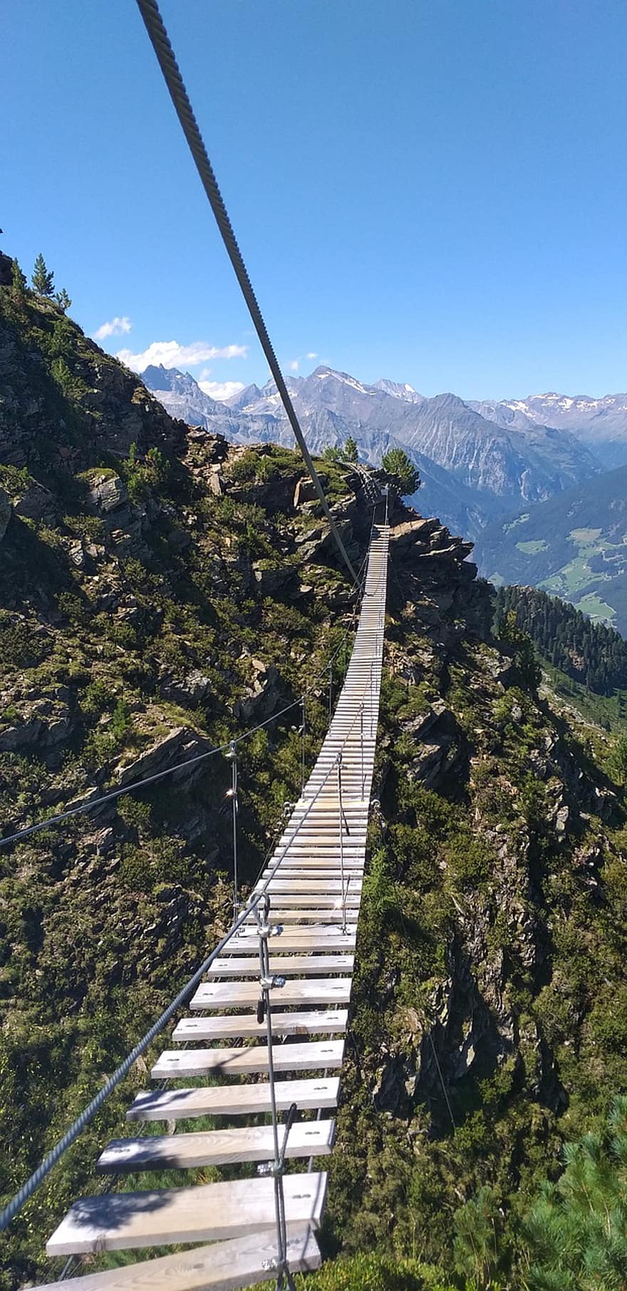 puente colgante, paisaje, montaña