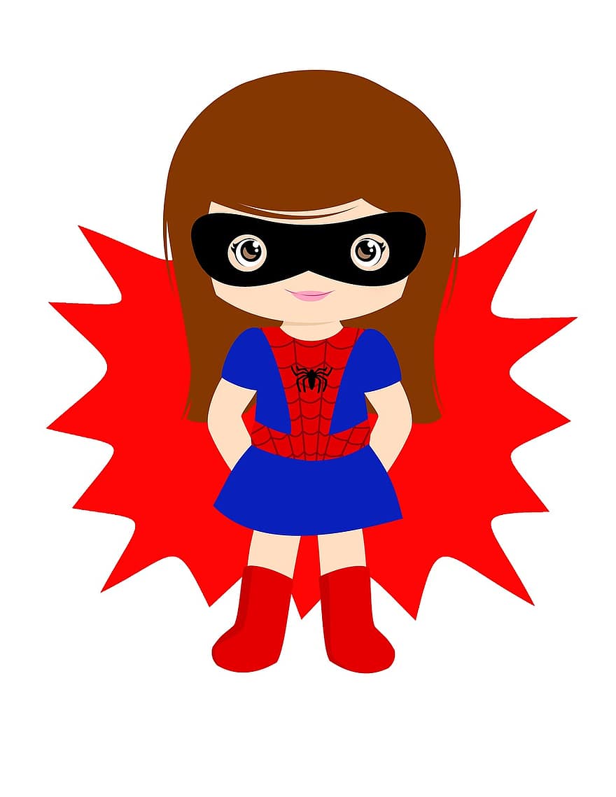 Chica araña, niña, súper, superhéroe, héroe, poder, disfraz, hembra, niño, fuerza, feliz