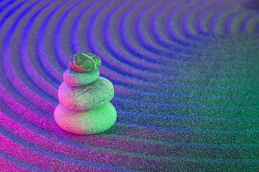pedras, pilha, equilibrar, rochas, zen, meditação, bem estar, areia, círculos, colorida, pedra
