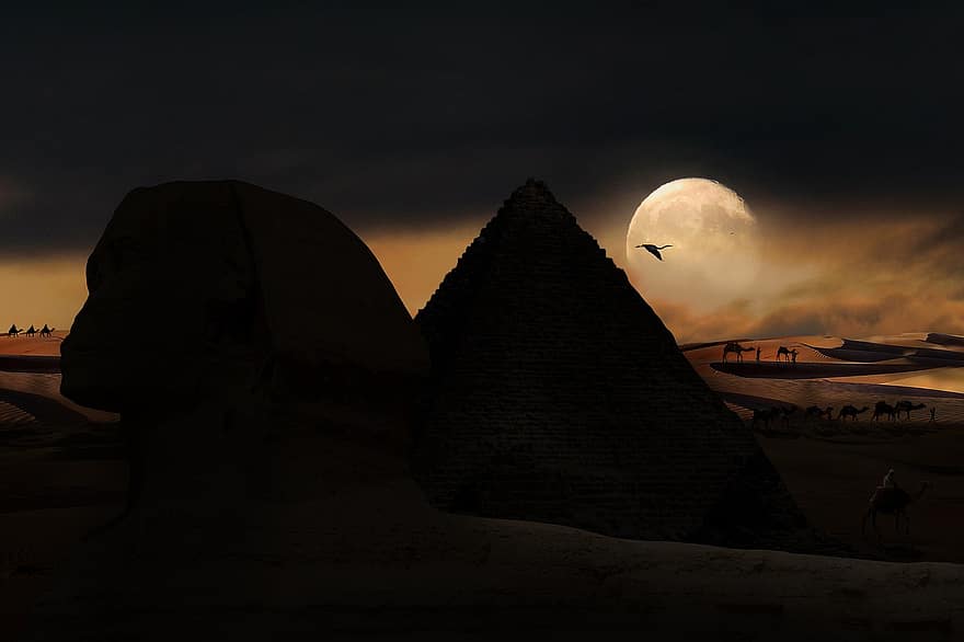 sfinga, pyramida, noc, silueta, měsíc, poušť, písek, krajina, velbloud, obytný vůz, starověké
