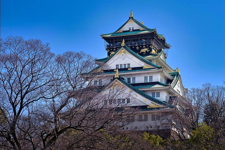 slot, bygning, arkitektur, japansk, gammel, parkere, Kansai, Osaka