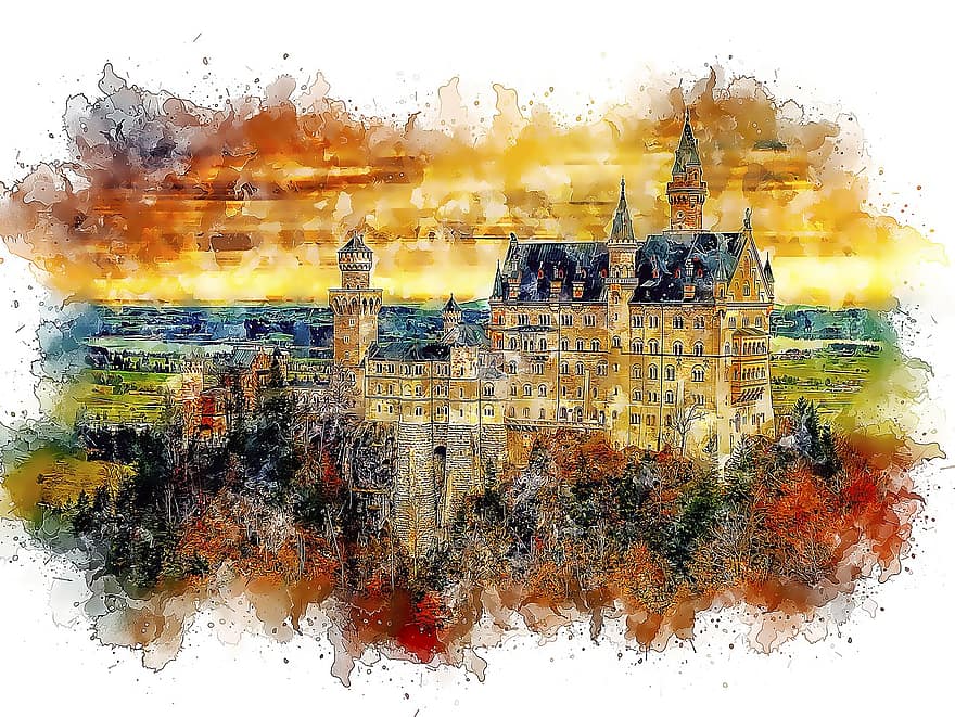 建築、城、妖精の城、ルートヴィヒ王、バイエルン、ドイツ、古い、フュッセン、風景、自然、秋