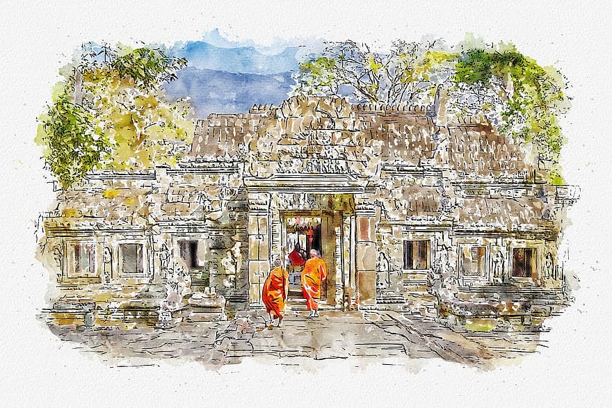 Cambodja, Angkor Wat, tempel, Azië, architectuur, ruïneren, khmer, fotokunst, tekening