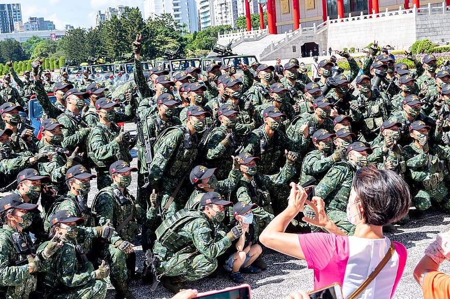 Taiwan, taipei, exèrcit, militar, soldat, guerra, lluitador, dom, multitud, celebració, desfilada