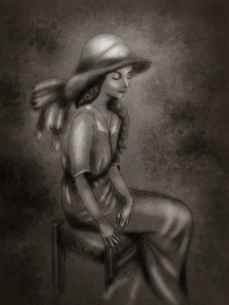 Lady, Hat, Young, Woman, Retro, Vintage, Ambrotype, Sepia, Old Man, Drawing, Portrait
