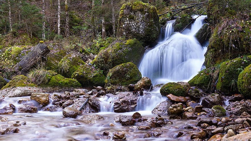 Waterfall, Rocks, Stream, Brook, Bach, Nature, Landscape, Flow, Flowing Water, Long Exposure, Moss