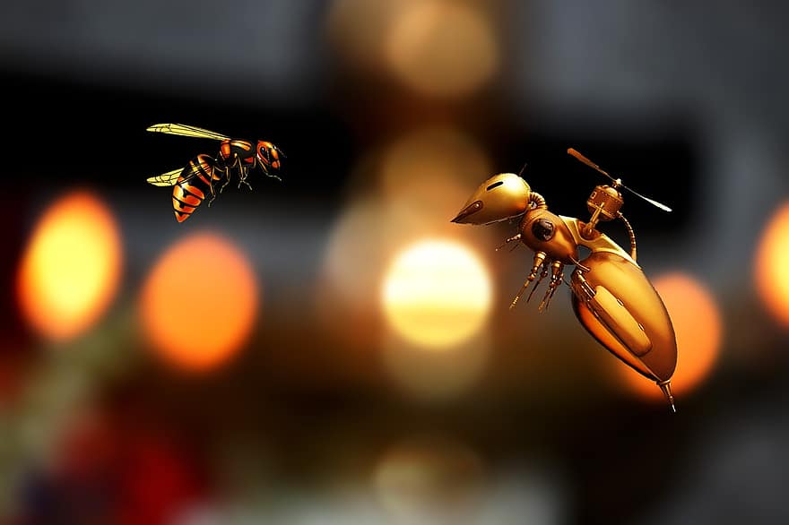 벌, 추상, 곤충, 자연, 꿀, 파리, 하이브, 로봇 식의, 기계 인간, 인공의, 미래의