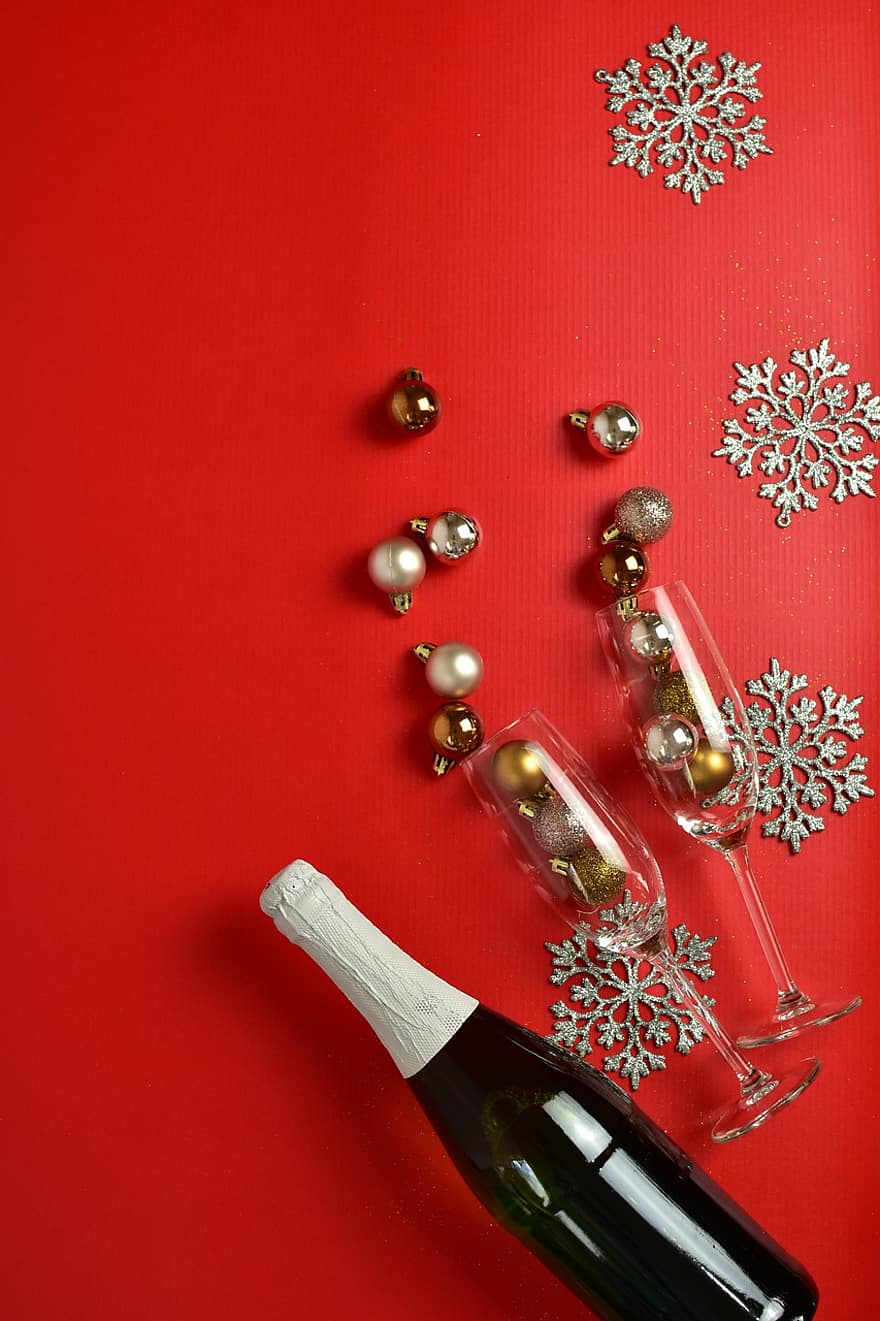 sfærer, fest, gaver, flaske, jul, champagne, kopper, nyt år, alkohol, vin, drikke