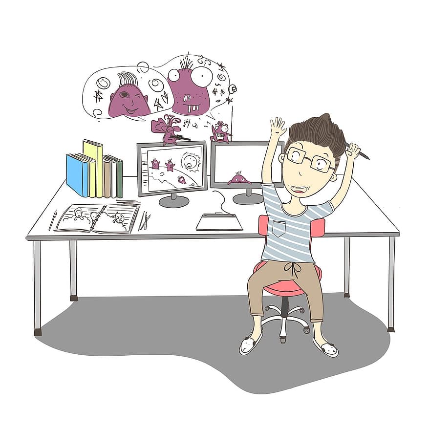 om, spațiu de lucru, calculator, muncă, birou, la locul de muncă, masa, fericit, amuzant, drăguţ, desen animat