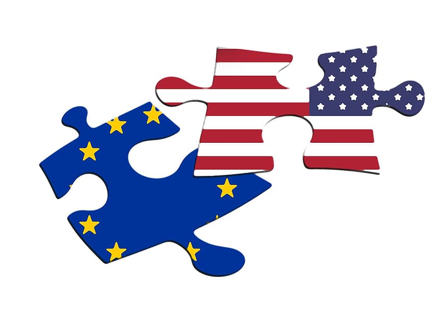 퍼즐, 몫, 깃발, 미국, 유럽, 별, 정책, 상호 작용