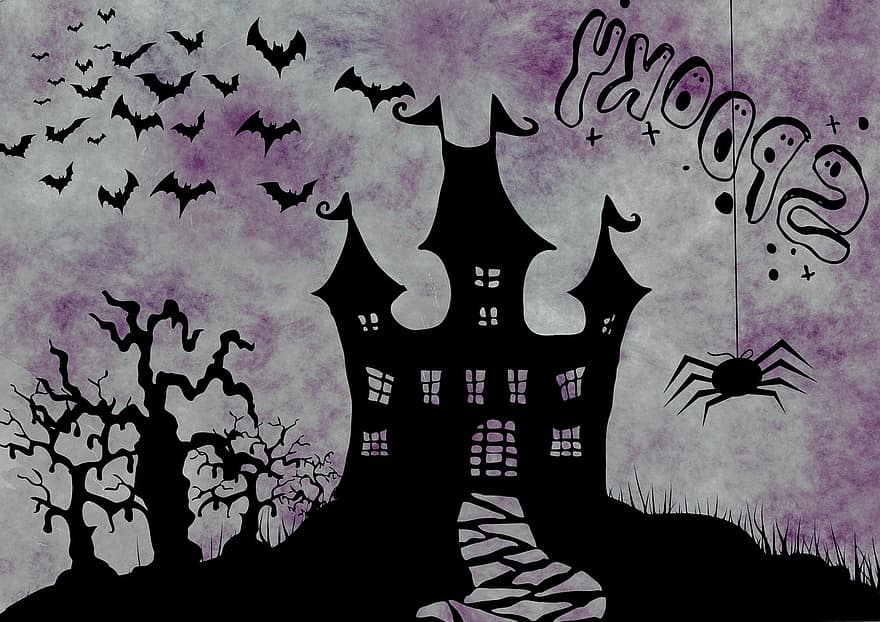 Halloween, estrany, surrealista, atmosfera, horripilant, aranya, silueta