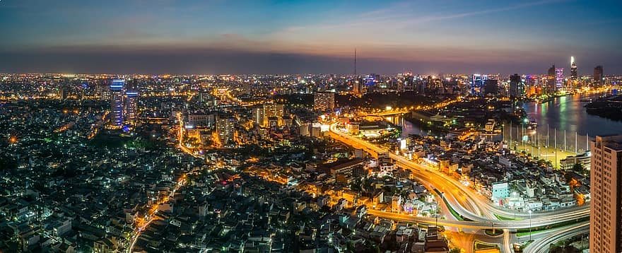 Saigon, ville, panorama, le vietnam, longue exposition, le coucher du soleil, lumières, paysage urbain, Ho Chi Minh-Ville, immeubles, centre ville