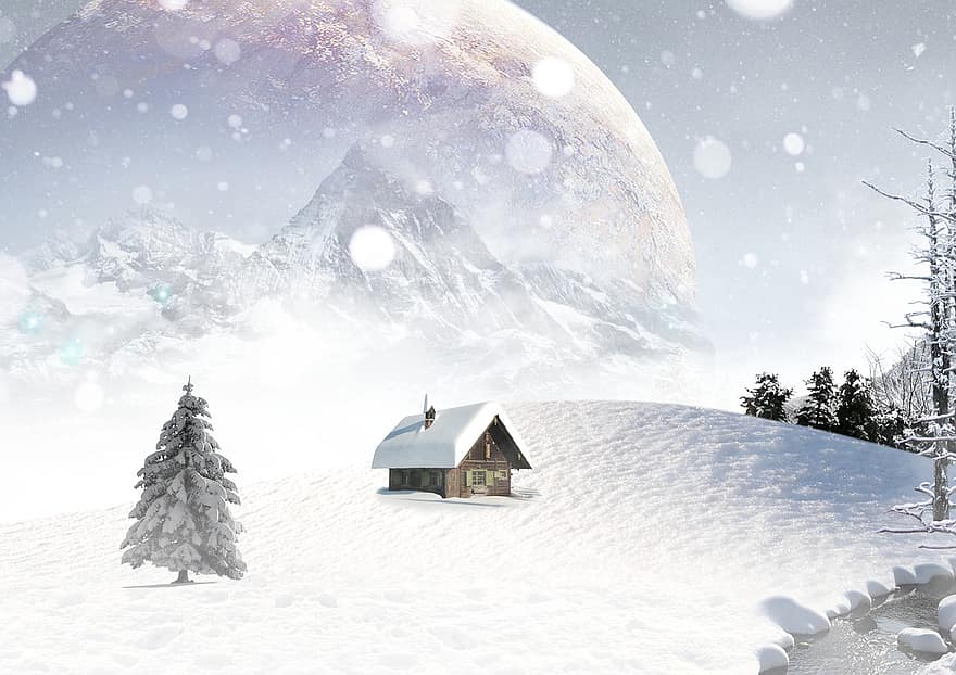 hus, sne, bjerge, jul, vinter, snefald, sner, kold, træ, sne landskab, hytte