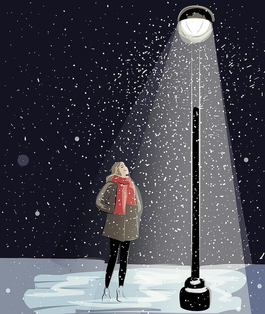 Winter, Mädchen, Schneefall, Laternenmast, Straßenlampe, Schneesturm, Abend, Beleuchtung, schneit, Zeichnung, digitale Zeichnung