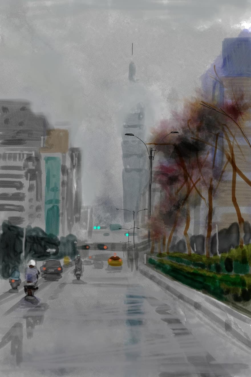 naszkicować, Tajpej, malarstwo cyfrowe, ulica, miejski, deszczowy