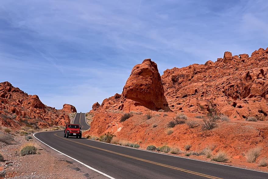 Jeep, Desert, Road, Highway, Valley Of Fire, Travel, Sightseeing, Suv, Driving, Touring, Usa