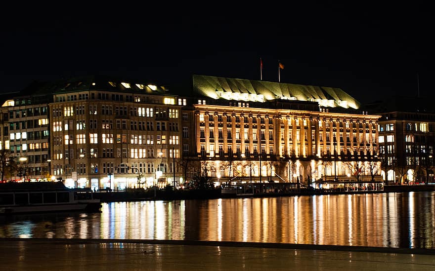 historiska centrum, lampor, vatten, natt, reflexion, Hamburgs gamla stad, arkitektur, Alster