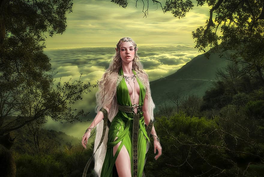 sfondo, elfo, montagne, nuvole, fantasia, donna, femmina, avatar, personaggio, arte digitale