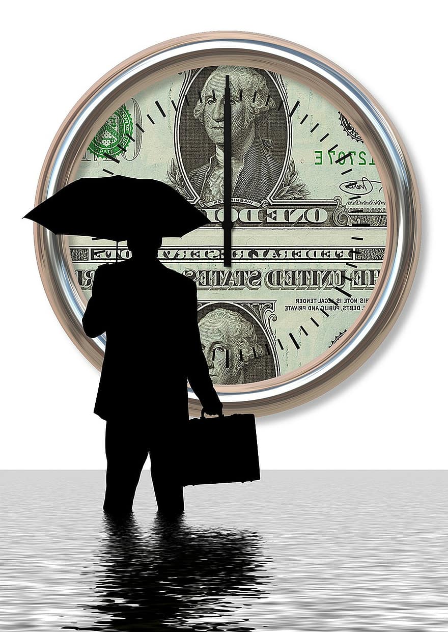 uomo, silhouette, ombrello, ventiquattrore, dollaro, acqua, economia, finanza, mondo finanziario, Borsa valori, investimento