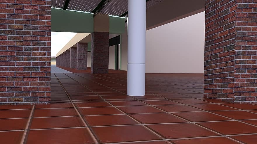 architektura, Exteriox, wirtualność, rzeczywistość, 3d, czerwone cegły