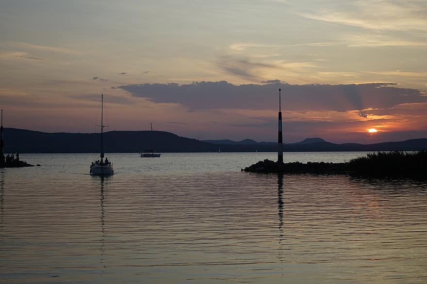 innsjø, solnedgang, båter, havn, shore, brygge, vann, sommer, Ungarn