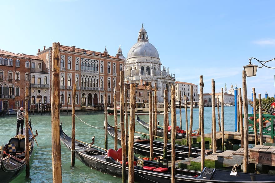 gôndolas, basílica, canal, Veneza, Itália, agua, cidade, prédios, arquitetura, barcos do canal