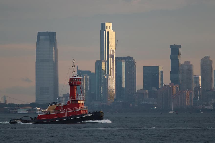new york, skib, Havn, skyline, vand, Manhattan, bygning, by-, by, nyc, klima forandring
