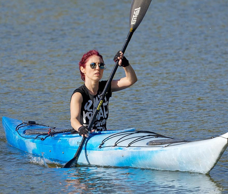 mujer, kayac, remo, bote, agua, lago, Deportes, recreación, hembra, deporte, kayak