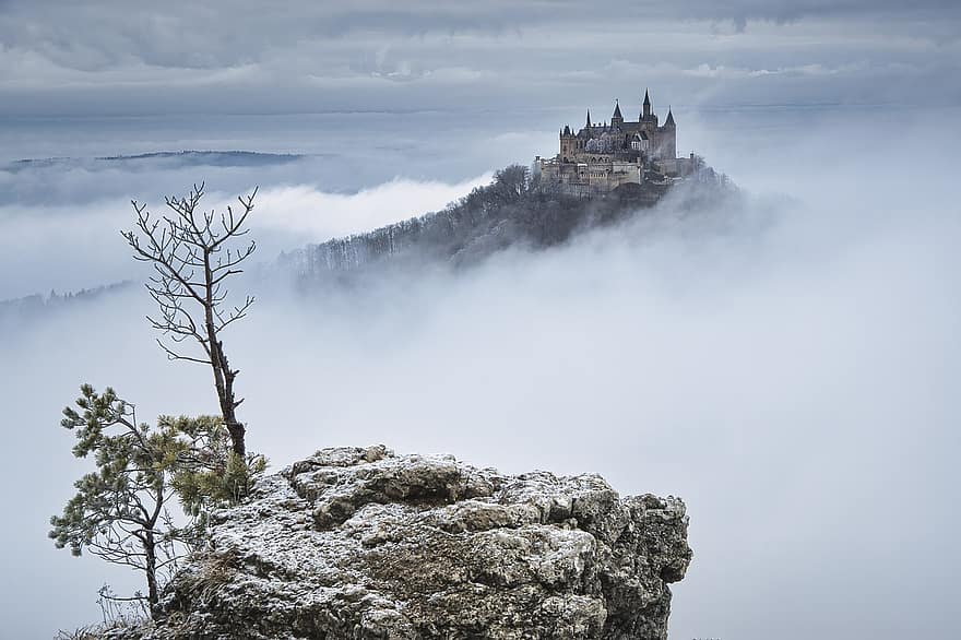 замък, мъгла, скреж, Хоенцолерн, Германия, студ