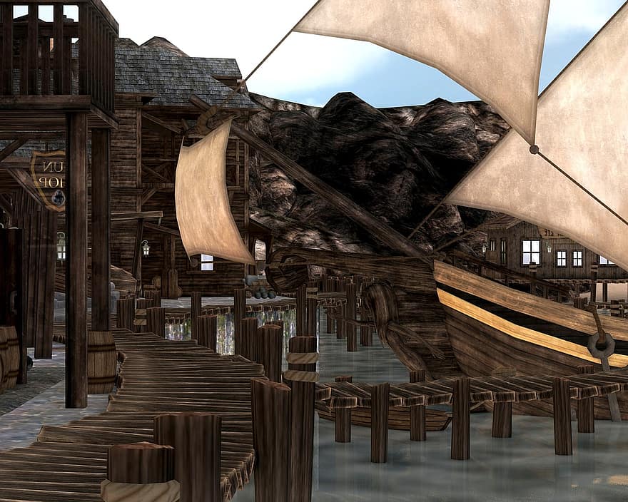 pirata, Pirate Village, fanfarrão, aldeia, mar, viagem, barco, oceano, vista do mar, navio, costa